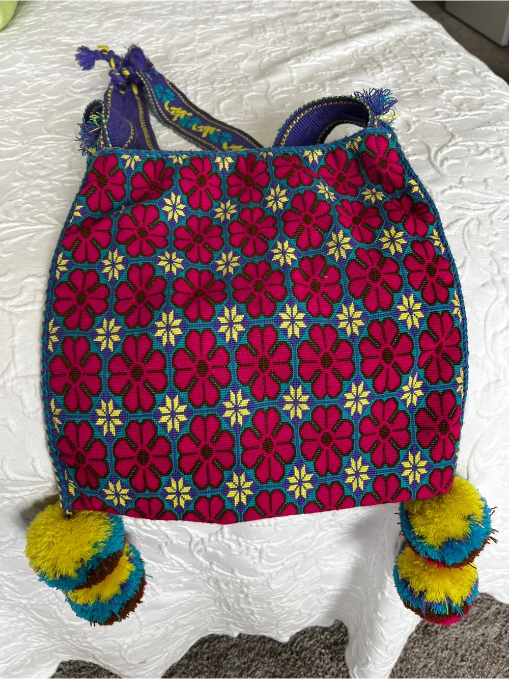 Handwoven Floral Crossbody Bag in Fuchsia and Blue